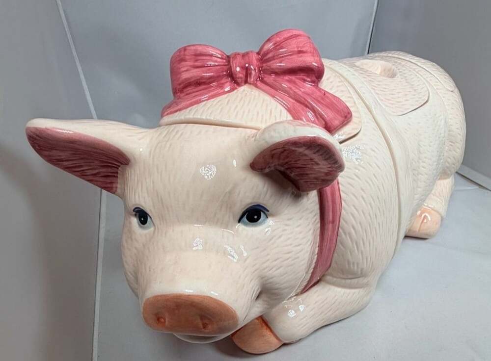 vtg 3 pc. ceramic pink pig canister set interlocking stackable farmhouse kitchen